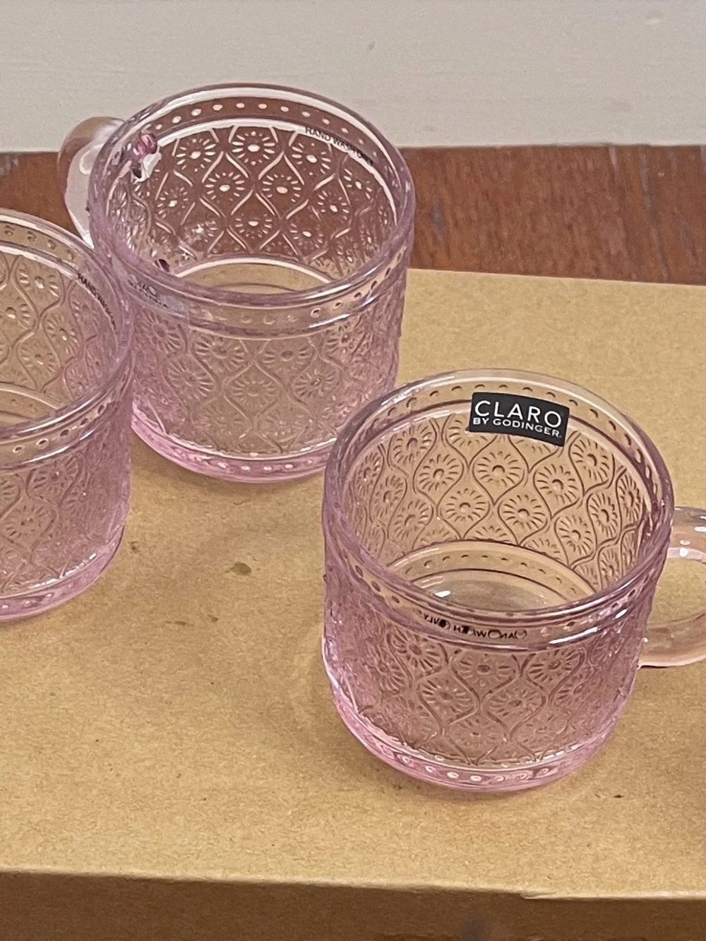 Claro by Godinger Pink Rose Embossed Glass Sandwich Tea Cups